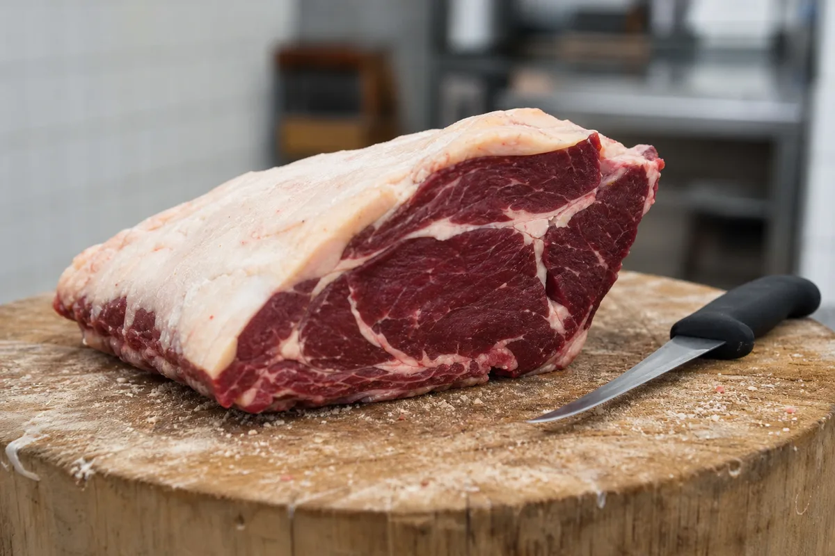 Quartier de bœuf posé sur un billot en bois dans l&rsquo;atelier d&rsquo;une boucherie artisanale