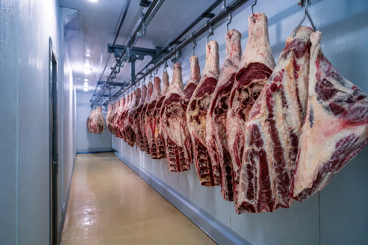 Chambre froide de boucherie avec quartiers de viande suspendus à un rail en inox