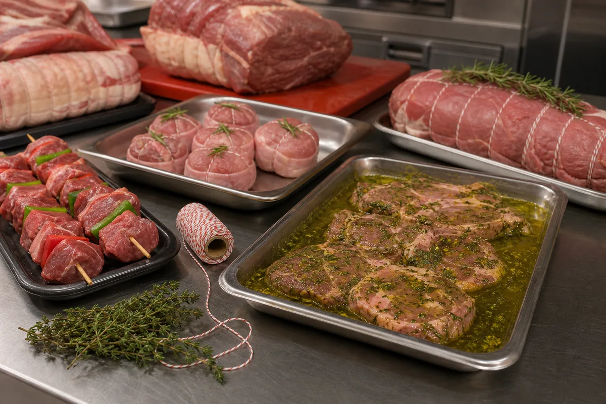 Préparations bouchères artisanales rangées sur un plan de travail en inox