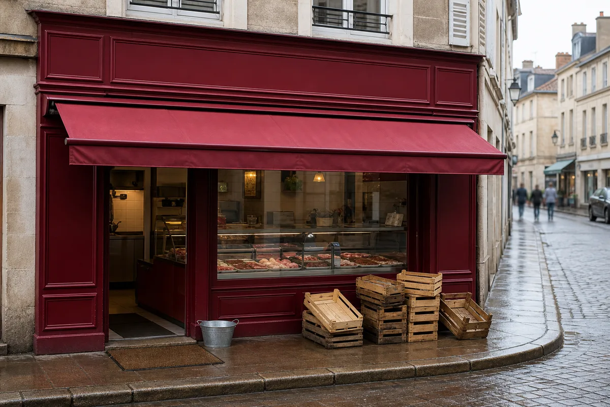 Devanture d&rsquo;une boucherie artisanale de quartier en fin de matinée