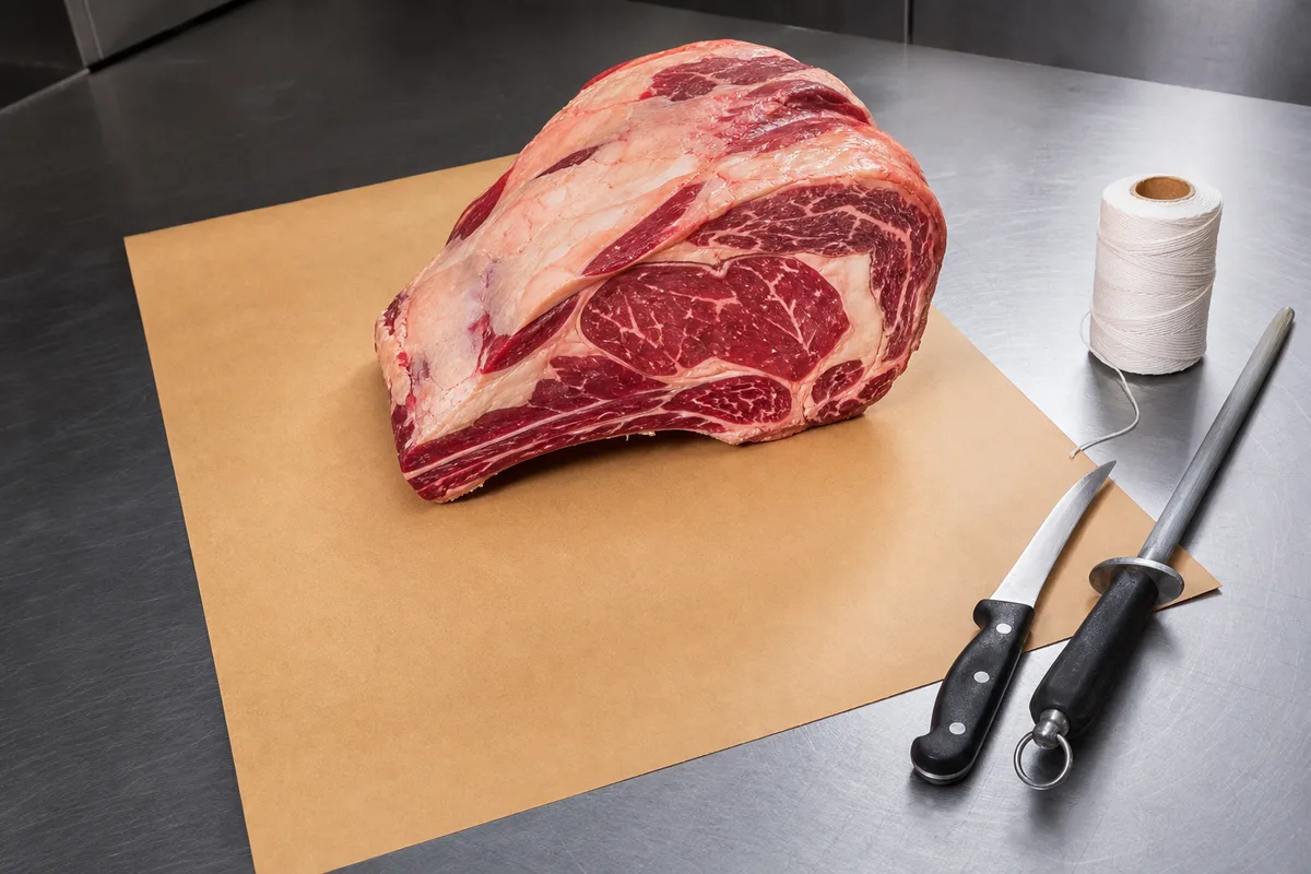 Pièce de bœuf entière préparée sur le plan de travail en inox d&rsquo;une boucherie artisanale