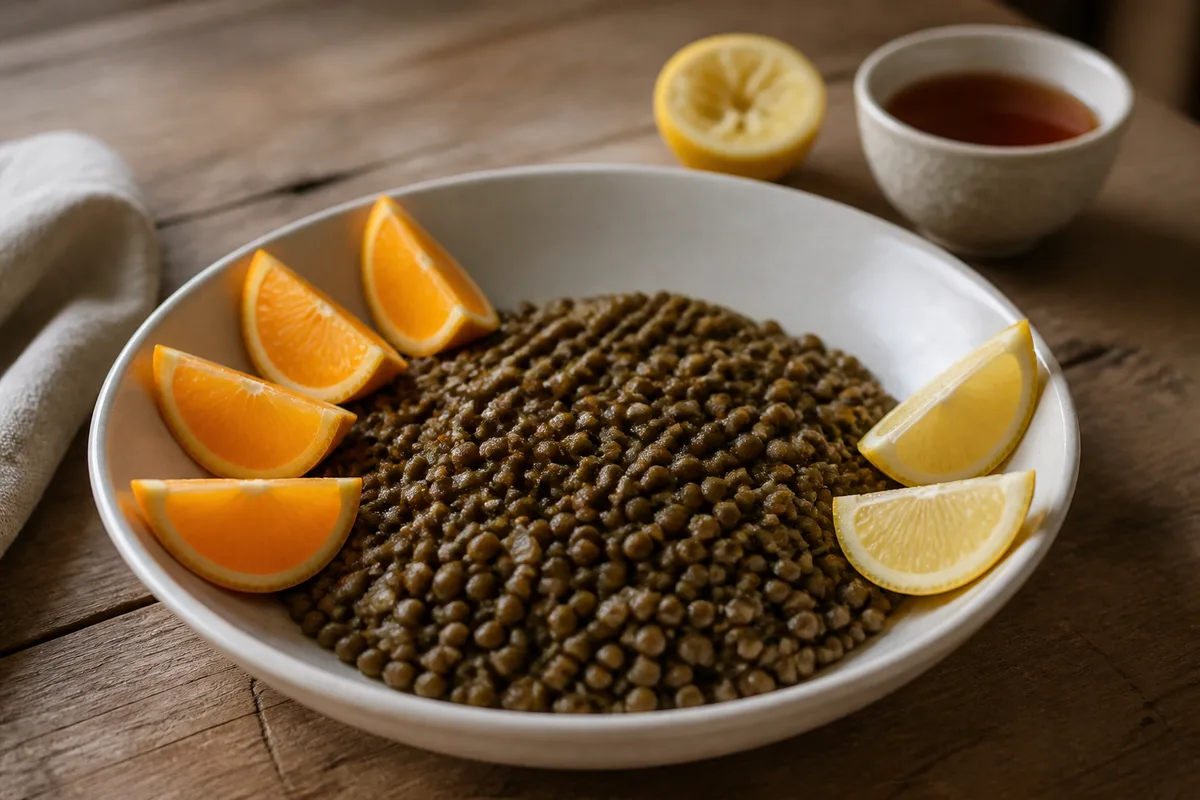 Assiette de lentilles vertes avec quartiers d&rsquo;orange et de citron posés sur une table en bois