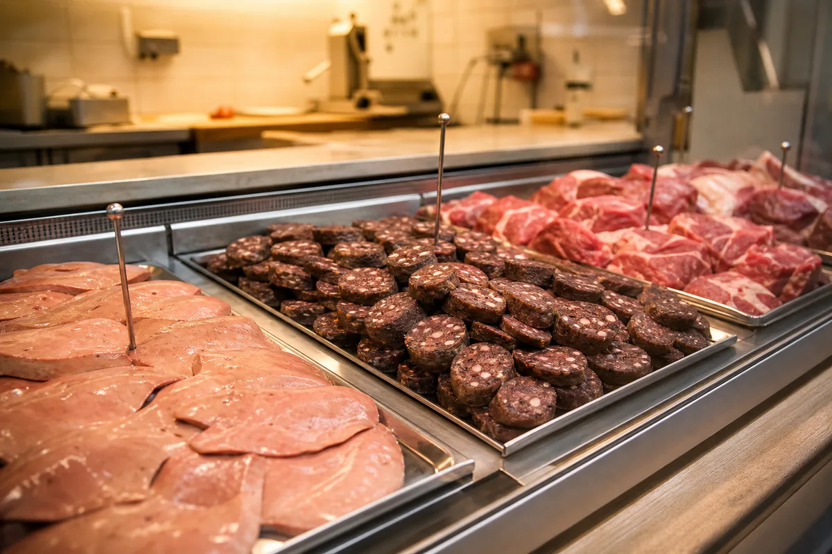 Étal de boucherie avec foie de veau et boudin noir présentés sur des plateaux inox