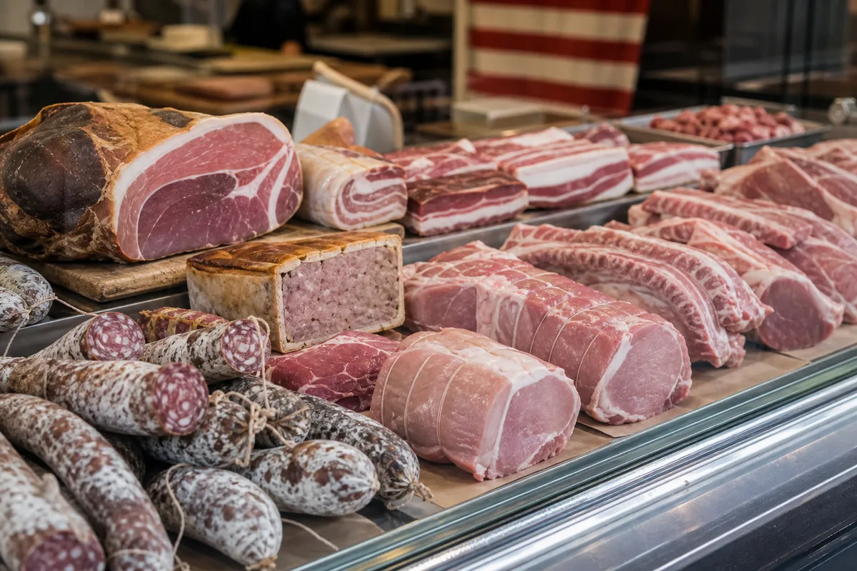 Étal de boucherie artisanale avec pièces de porc Kintoa et charcuterie basque