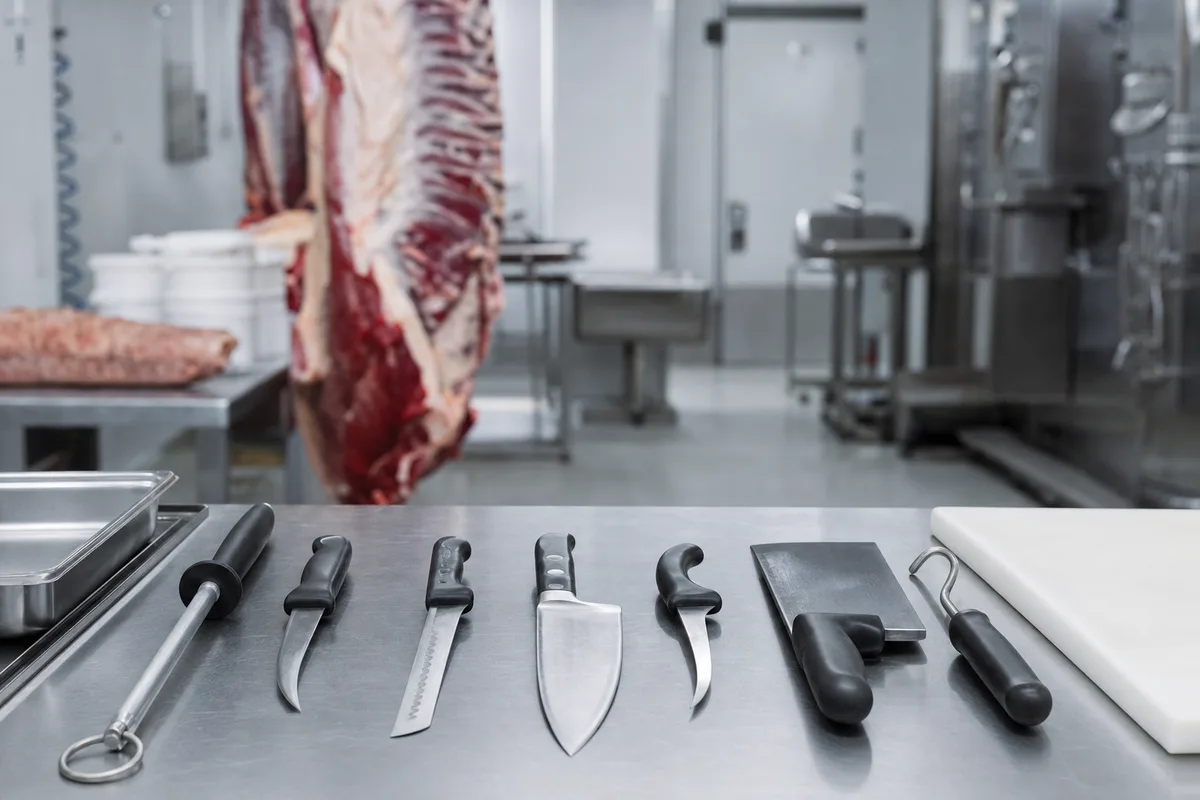 Boucher au travail dans son laboratoire avec des outils de découpe professionnels