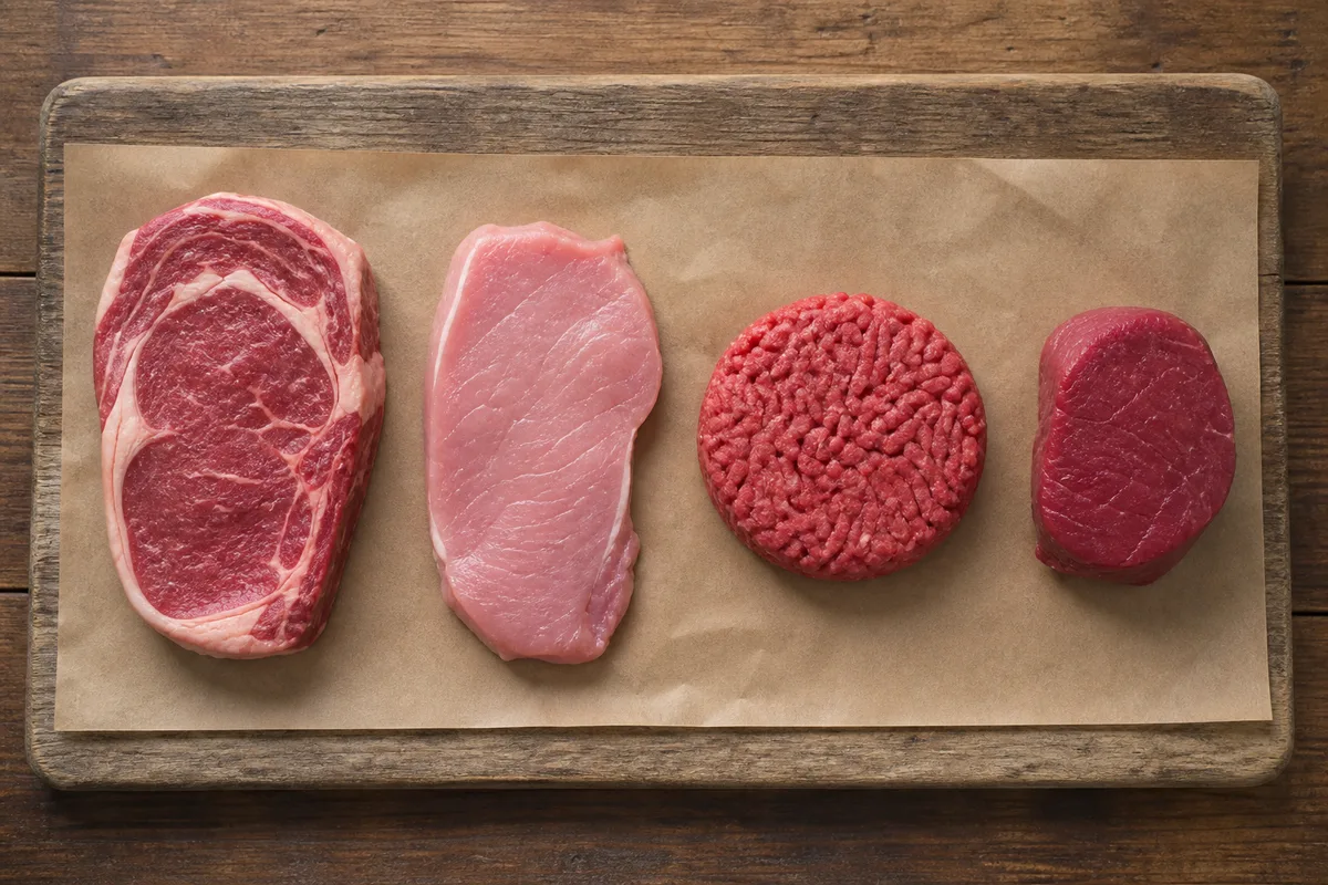 Portions de viande crue pesées avant cuisson sur un plan de travail de boucherie