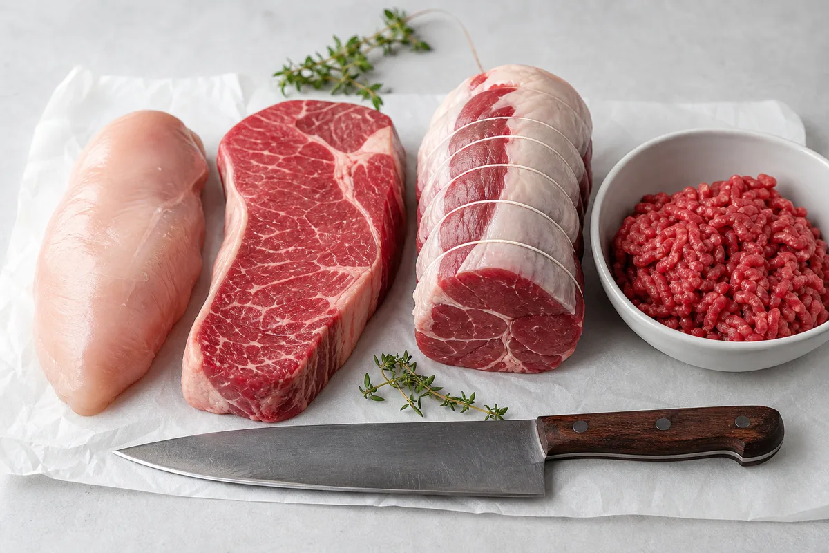 Assortiment de morceaux crus, volaille, bœuf et haché, disposés sur du papier boucher