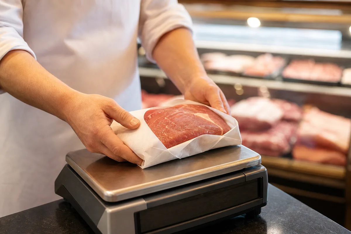 Boucher pesant une pièce de viande sur une balance de comptoir