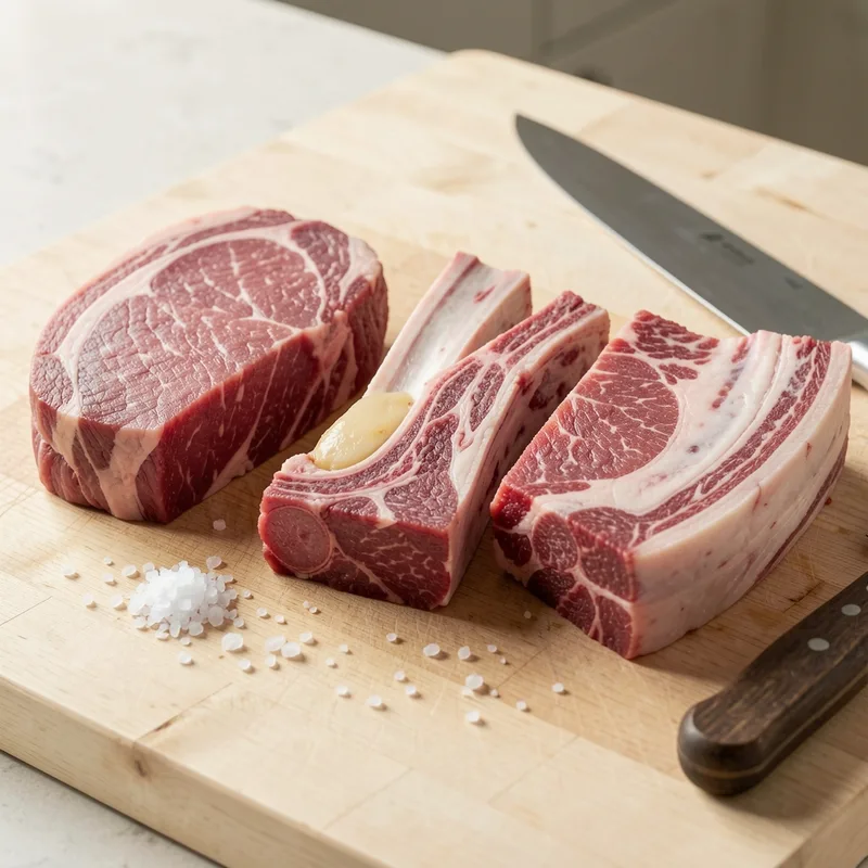 Morceaux de bœuf crus pour pot-au-feu disposés sur un billot de boucher