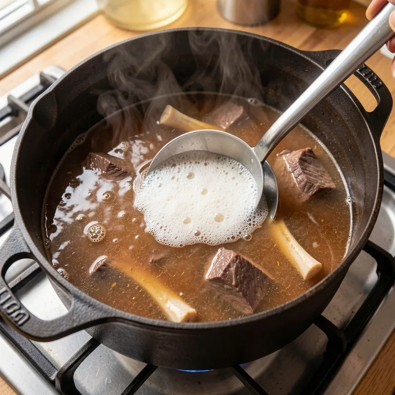 Bouillon de pot-au-feu frémissant dans une marmite en fonte sur une cuisinière