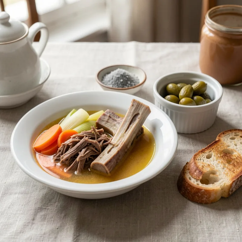 Assiette de pot-au-feu servie avec bouillon, légumes et gros sel