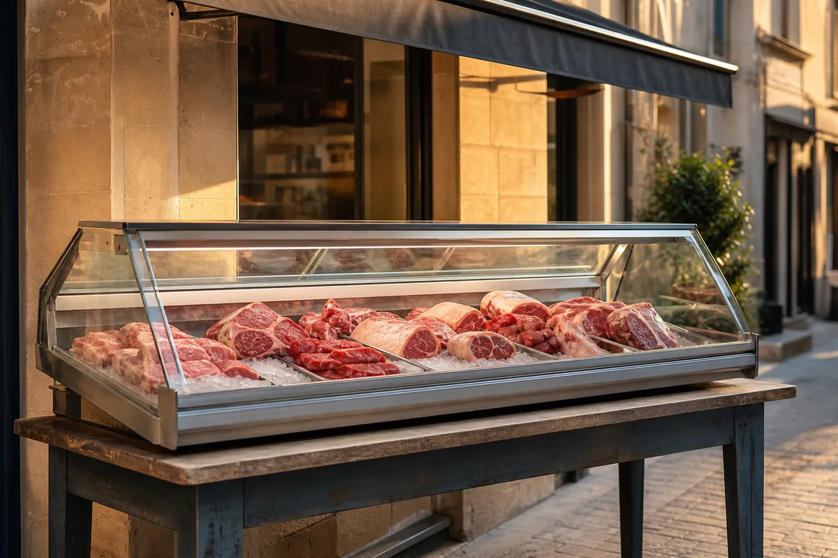 Étal extérieur d’une boucherie installé sur le trottoir devant la vitrine