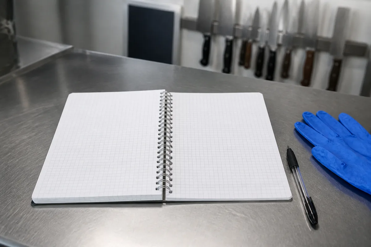 Registre papier de traçabilité ouvert sur un plan de travail inox dans un atelier de boucherie