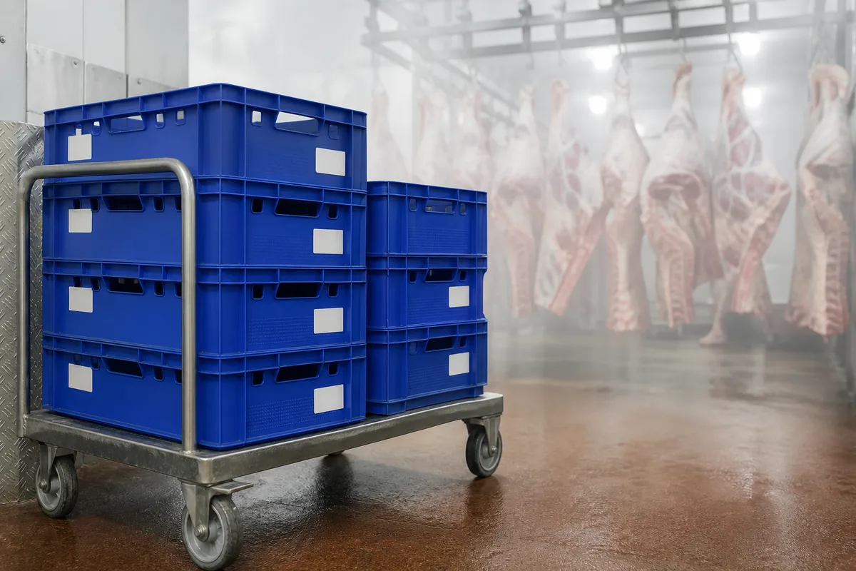 Caisses plastiques bleues empilées en chambre froide de boucherie avec étiquettes de couleur unie