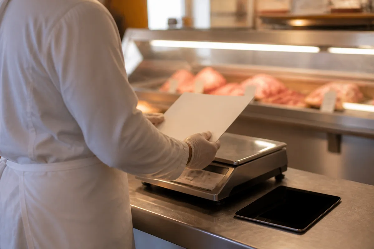 Boucher en tablier vérifiant une fiche de suivi accrochée près d&rsquo;une balance professionnelle