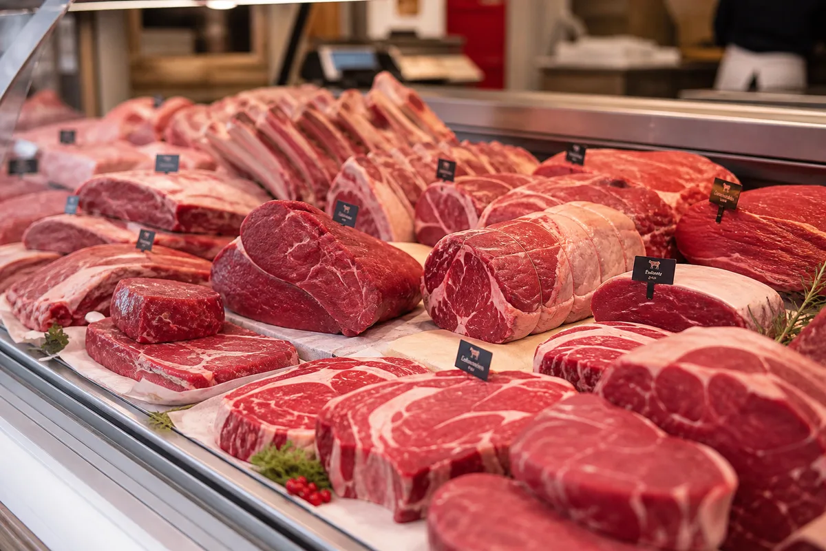 Étal de boucherie présentant des pièces de bœuf françaises étiquetées avec leurs appellations