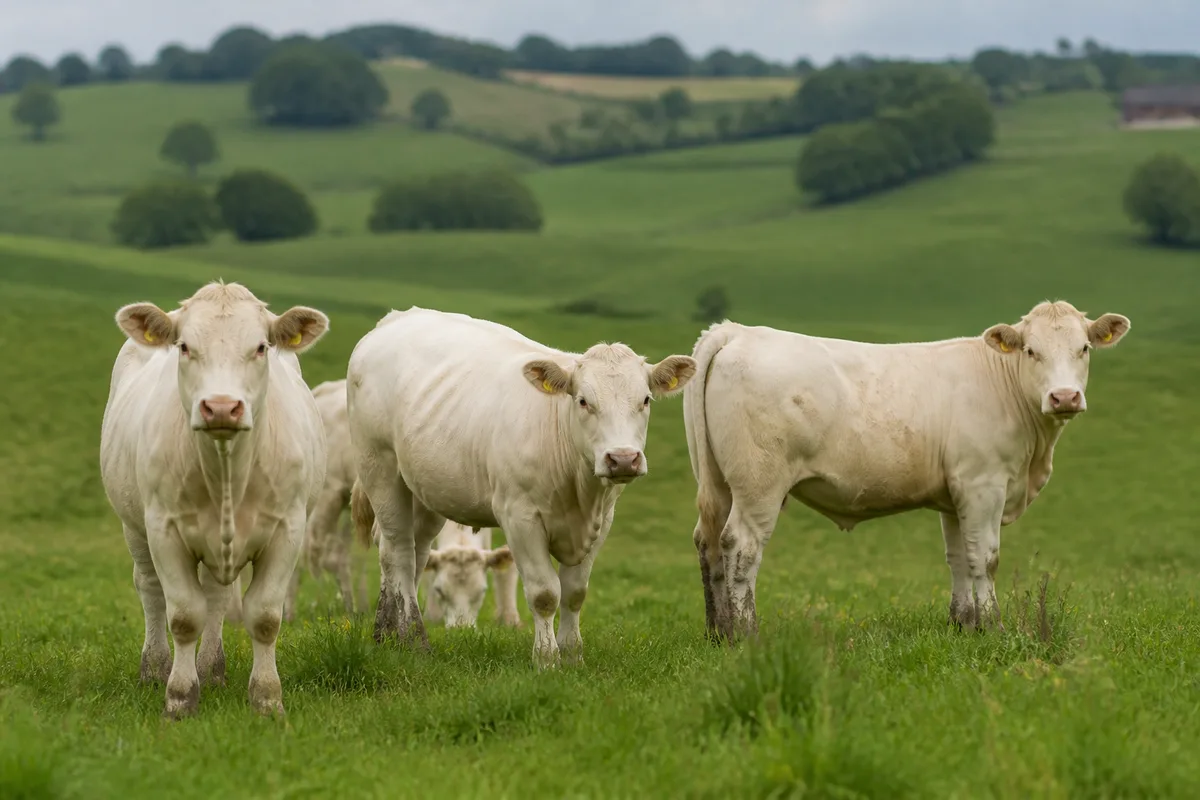 Jeunes bovins charolais dans un pâturage vallonné du centre de la France